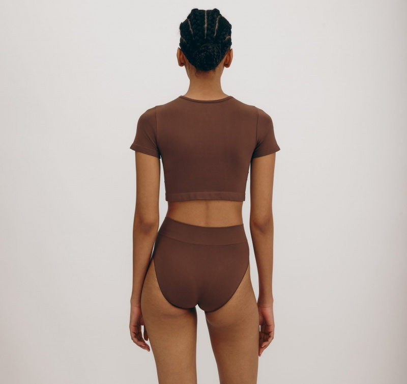 Organic Basics Recycled Nylon Smooth Crop Tee Walnut | 79268-DLXI